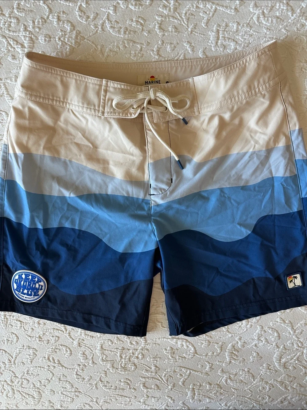 NWT Marine Layer Blue Wave 4-Way Stretch Board Shorts Size 30 Custom Patch